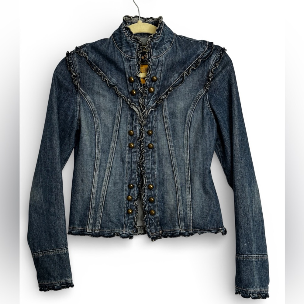 Star Jeans Ruffle Trim Fitted Denim Jacket